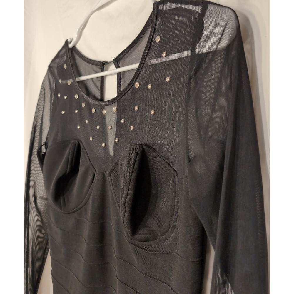 Kelly Fashion Homecoming Black Mesh Rhinestone Bodycon Mini Dress Long Sleeve M - Picture 3 of 6
